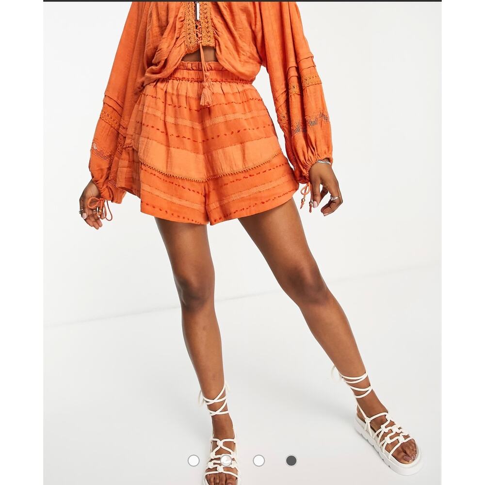 Free People Paloma Embroidered Boho Crochet Trim High Waist Shorts, Small